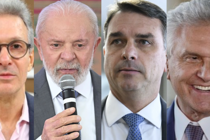 Da esquerda para direita: Romeu Zema, Lula, Flávio Bolsonaro e Ronaldo Caiado •