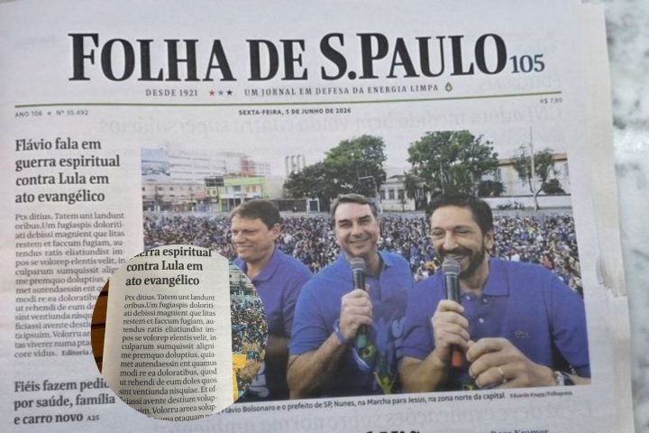 Erro de diagramação em manchete da edição imprensa da Folha de S. Paulo. — Foto: